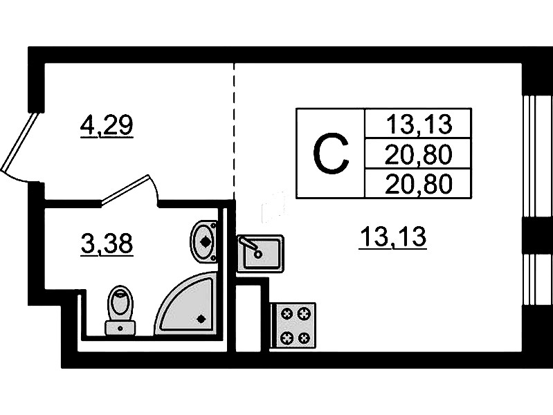 Квартира студия 20.8 м², 12/12 эт., ЖК «Новые Лаврики»